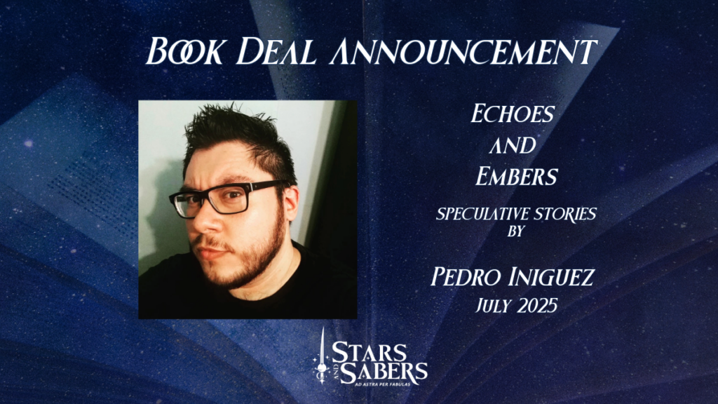 Pedro Iniguez Book Deal - photo of author Pedro Iniguez against a dark blue starry background and open book pags.