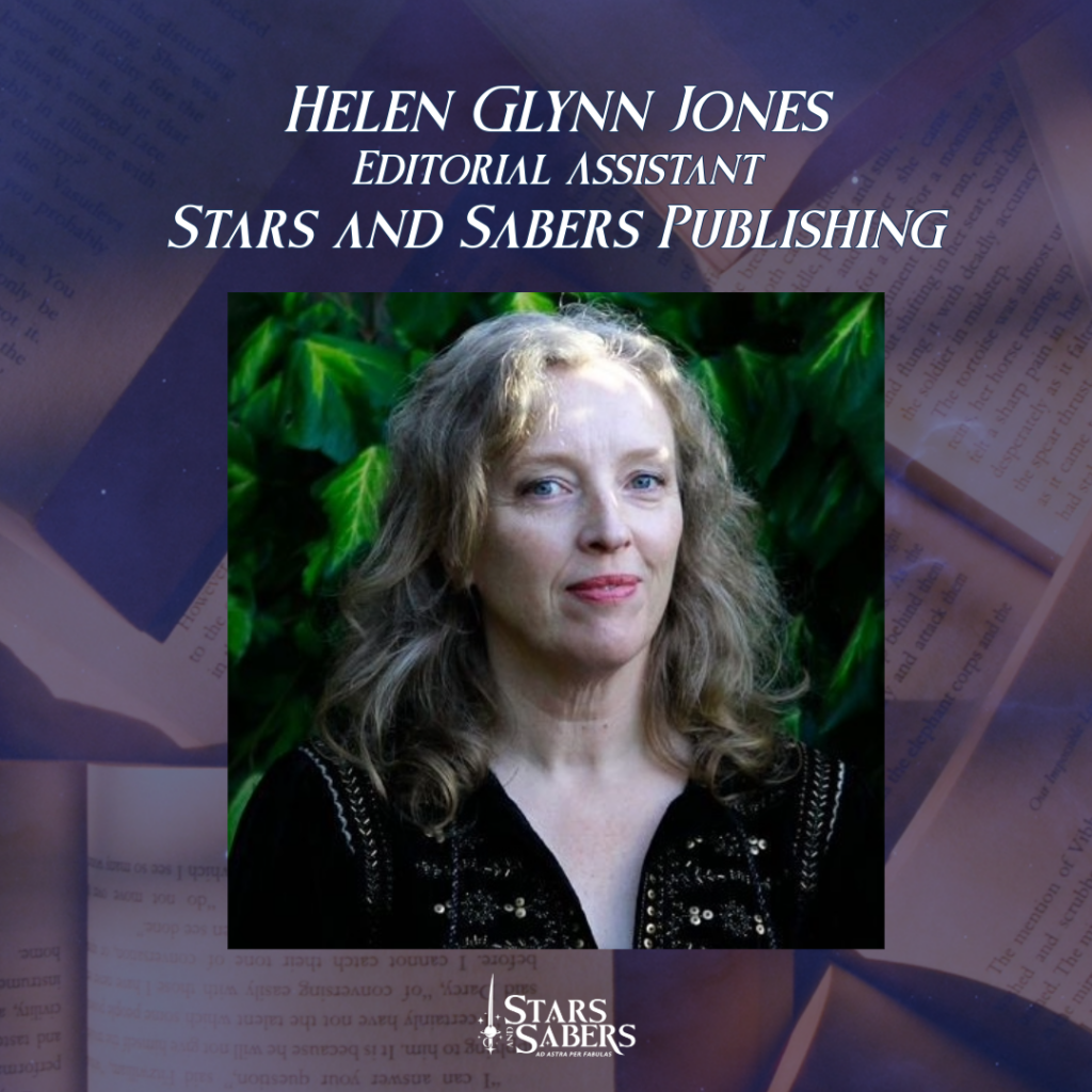 Stars And Sabers Staff Announcement Helen Glynn Jones Landscape - picture of Helen Glynn Jones wearing black, with ivy behind her.